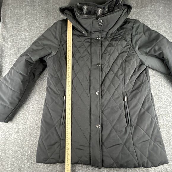 Croft & Barrow Quilted Puffer Coat Womens Sz XL Black Hooded Lined Faux Fur Neck - Picture 10 of 10